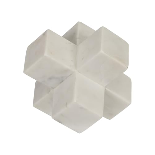 Geometric Cube Decorative Object – Marble Sculpture Modern Home Decor Ornament – Shelf Styling & Coffee Table Decor for Bathroom, Office & Living Room – 6.5", White