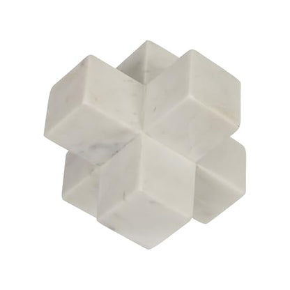 Geometric Cube Decorative Object – Marble Sculpture Modern Home Decor Ornament – Shelf Styling & Coffee Table Decor for Bathroom, Office & Living Room – 6.5", White