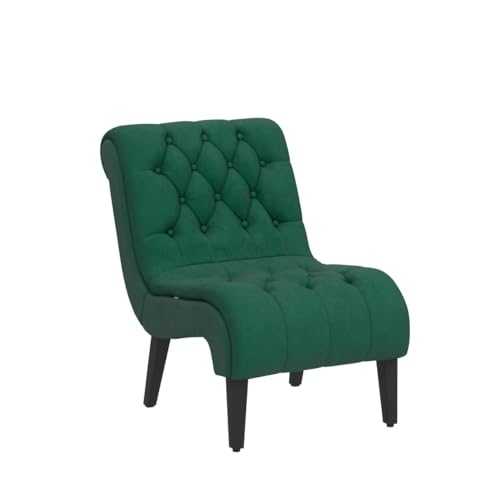 Comfy Velvet Accent Chair, Tufted Armless Side Chair with Rolled Edge | Modern Small Lounger for Living Room, Upholstered Reading Chaise Lounge with Solid Rubber Wood Legs, Green - color: Green, size: Set of 1