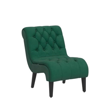 Comfy Velvet Accent Chair, Tufted Armless Side Chair with Rolled Edge | Modern Small Lounger for Living Room, Upholstered Reading Chaise Lounge with Solid Rubber Wood Legs, Green - color: Green, size: Set of 1