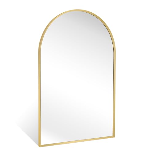 Gold Arched Mirror 20x30in, Metal Framed Bathroom Vanity Wall | Tempered Glass, Shatter Proof, Living Room Bedroom Entryway, Modern Elegant Design - color: Gold, size: 30"L x 20"W, style: Arched