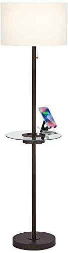 360 Lighting Caper 60 1/2" Tall Bronze Table Floor Lamp with USB and Outlet | Modern Tray AC Power in Base 5 Metal Off White Fabric Drum Shade for Living Room Reading House Bedroom - color: Bronze - Single