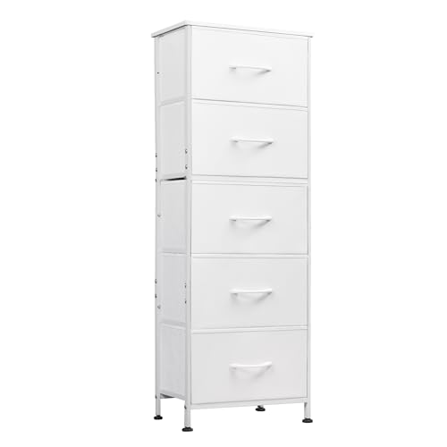 WLIVE Tall Dresser for Bedroom, 5 Drawer Dresser, White | 5 vertical fabric drawers, Tall vertical design, Bedroom or closet use, Dresser for small spaces, Chest of drawers - color: White