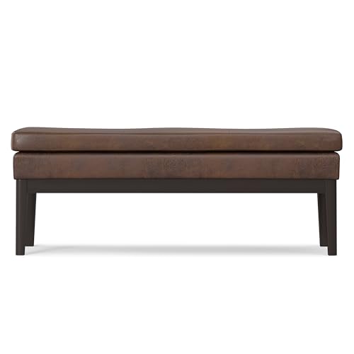 SIMPLIHOME Carlson 45" Wide Vegan Leather Rectangle Ottoman in Brown | Distressed chestnut brown, mid-century modern ottoman bench with a padded seat; footstool, footrest, or bedroom bench. - color: Distressed Chestnut Brown, style: Ottoman Bench