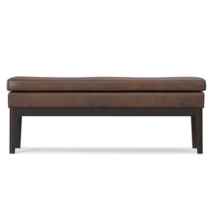 SIMPLIHOME Carlson 45" Wide Vegan Leather Rectangle Ottoman in Brown | Distressed chestnut brown, mid-century modern ottoman bench with a padded seat; footstool, footrest, or bedroom bench. - color: Distressed Chestnut Brown, style: Ottoman Bench
