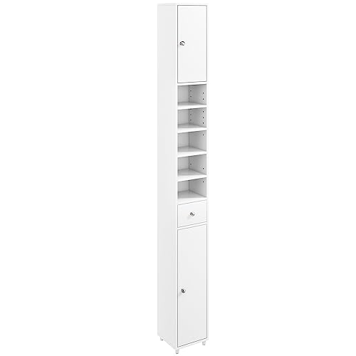 GOFLAME 71” Tall Bathroom Storage Cabinet, Narrow Freestanding Organizer with 1 Drawer, 2 Doors & 5 Open Shelves, Slim Bathroom Cabinet for Small Space, 8" x 8" x 71", White - color: White