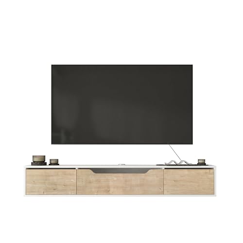 Atelier Mobili Floating TV Stand for Up to 80 Inch TVs – Wall Mounted Media Console with Handle-Free Doors – Modern Entertainment Center with Hidden Storage – White and Oak Finishes (White/Oak) - color: White / Oak