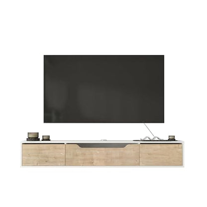 Atelier Mobili Floating TV Stand for Up to 80 Inch TVs – Wall Mounted Media Console with Handle-Free Doors – Modern Entertainment Center with Hidden Storage – White and Oak Finishes (White/Oak) - color: White / Oak