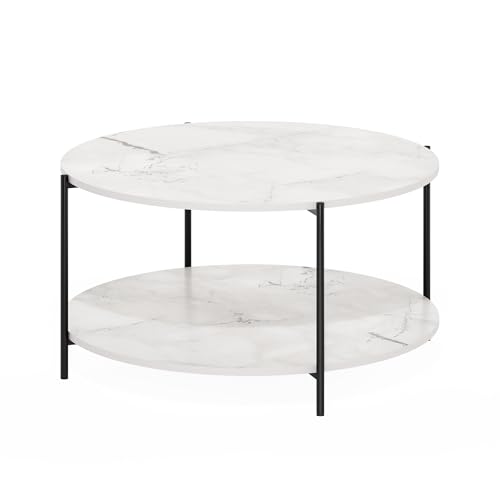 Furinno BESI 2-Tier Round Modern Coffee Table with Metal Legs, Side Table with Open Shelf, for Living Room, Bedroom, Home Office, Marble White - color: Marble White/Black, size: Metal Frame Coffee Table
