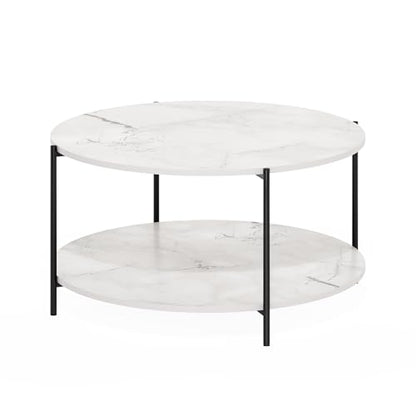 Furinno BESI 2-Tier Round Modern Coffee Table with Metal Legs, Side Table with Open Shelf, for Living Room, Bedroom, Home Office, Marble White - color: Marble White/Black, size: Metal Frame Coffee Table