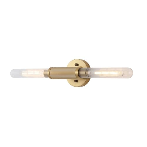 Gold Knurled Texture Wall Sconces 24" Modern Cylinder Bathroom Vanity Lights Fixtures with Clear Striped Glass Shade 2-Lights Indoor Wall Lighting for Living Room Bedroom Kitchen - color: Gold Knurled Texture/Clear