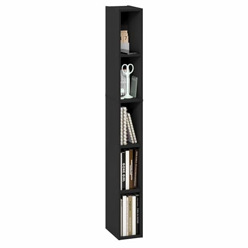 Furinno Fulda Book Shelf, 5-Tier Tall Narrow Bookshelf, Standing Bookcase with 6-in Width Storage Shelf, 9.3 x 5.9 x 51.9, for Organization Storage, for Living Room, Bedroom, Home Office, Blackwood - color: Blackwood, size: 5-Tier, 6W