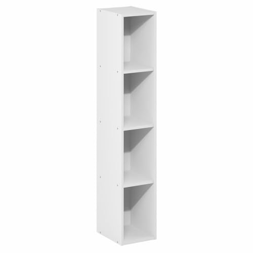 Pemberly Row 4-Tier Slim Narrow Bookcase, 41.6 in Tall Engineered Wood, White Finish, Contemporary Style, Compact Storage Shelves for Books, Living Room, Bedroom, Dorm or Home Office