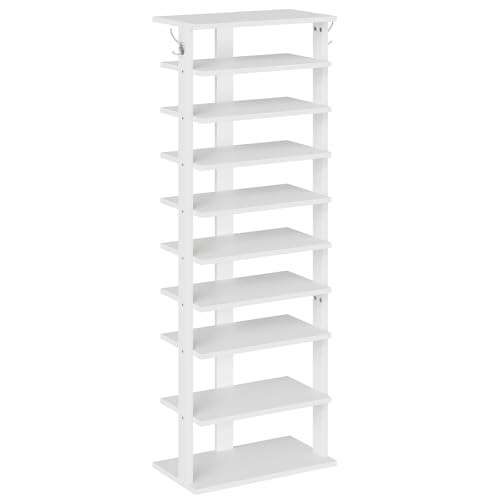 HOOBRO 10 Tiers Vertical Shoe Rack, Wooden Shoe Storage Organizer with Hooks, Narrow Shoe Tower for 20 Pairs, Space Saving, for Entryway, Living Room, Bedroom, White WT140XJ01 - color: White, size: 10 Tier (19.7"W)