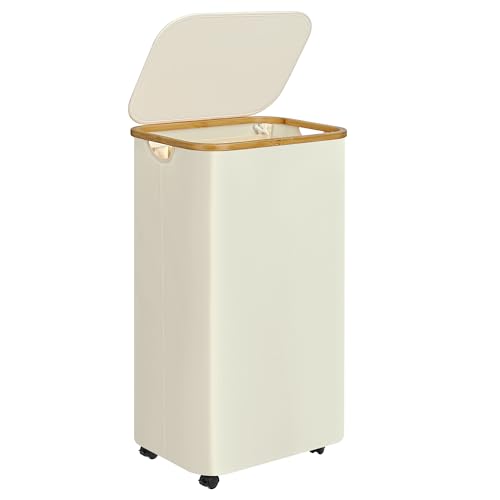 Laundry Basket with Wheels,100L Hampers for Laundry,Large Laundry Hamper with Lid and Bamboo Handles,Collapsible & Waterproof Tall Cloth Hamper for Dormitory Family，Beige - color: Beige, size: 100L with Wheels