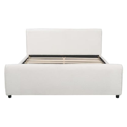 Merax Queen Size Luxury Bouclé Upholstered Bed Frame, White | Modern Curved Platform Bed with Rounded Headboard & Footboard, No Box Spring Needed, Solid Wood Slats Support, Easy Assembly - size: Queen
