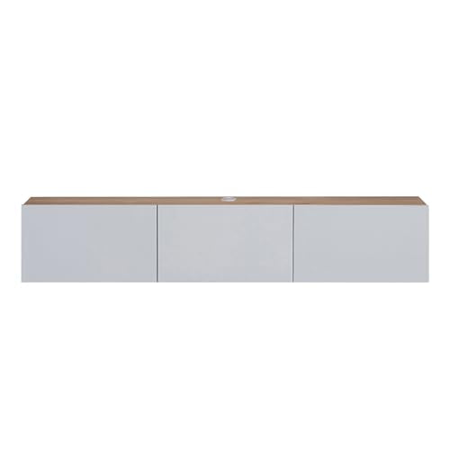 Atelier Mobili Floating TV Stand - Wall Mounted, Supports up to 80 inch TV, Modern White Entertainment Center for Living Room, White Floating TV Stand with Oak Counter Design - color: White & Sapphire Oak