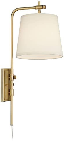 Seline Warm Gold Adjustable Plug-In Wall Lamp with Dimmer Light Fixture | Modern Mounted Dimmable Metal Off White Tapered Drum Shade for Bedroom Bedside House Reading Living Room Home Hallway Dining