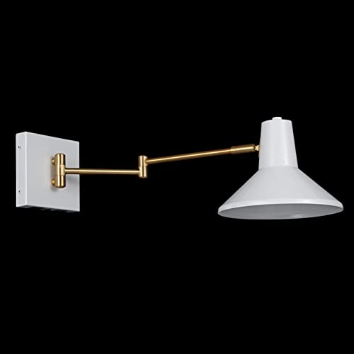 JONATHAN Y Hygge 1-Light Modern Swing Arm USB Sconce 8", White/Brass Gold | Metal Construction, Plug-In Midcentury Bedside Wall Lamp, Cone Shade, Adjustable Head, LED Bulb Included - color: White/Brass Gold