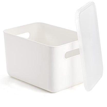 Lawei 4 Pack Plastic Storage Bins with Lid, White Stackable Storage Basket Organizer Box, Sturdy Containers Organizing Lidded Bins for Shelves, Cabinet, Desk, Pantry, Bedroom, Book, Toys