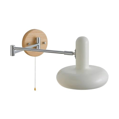 Modern Industrial Adjustable Swing Arm Wall Lamp Pull Chain Switch Wall Sconce Iron Wood Wall Light Fixture for Bedroom Bedside Study Reading Living Room Decorative Lighting