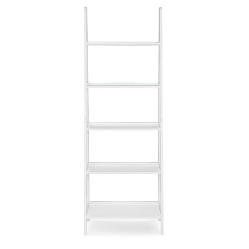 Riverbay Furniture 5-Shelf Wood Ladder Bookshelf, Open Back Design, White Finish, 72" H x 25.25" W x 16.5" D, Rubberwood and Particleboard, Transitional Style for Home Office or Living Room Storage - color: White