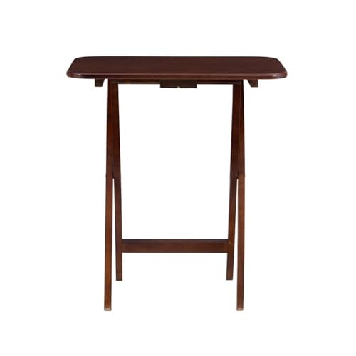 Pemberly Row Transitional Solid Wood Folding Tray Tables, Dark Cherry Finish, 5-Piece Set with Chrome Handle Stand, 15.72" w x 23.58" d x 26.38" h, Birch Veneer MDF Tops, Indoor Snack and Laptop Use