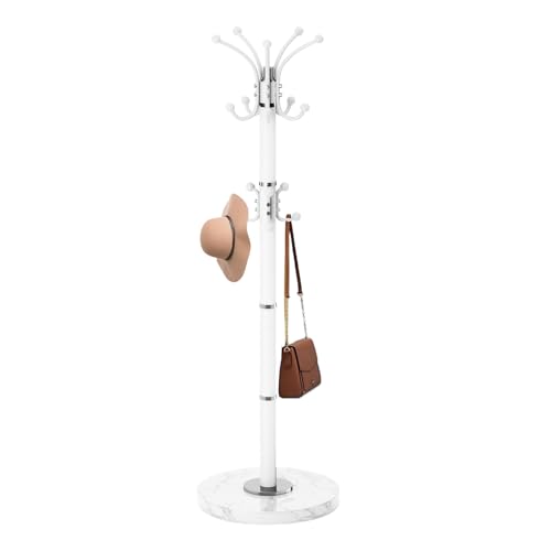 Coat Rack Stand 360°Rotary Coat Rack Freestanding with 16 Hooks | Modern Metal Coat Rack with Natural Marble Base,Coat Hanger Stand, White Coat Hall Clothes Tree for Hallway,Entryway,Office - color: White-16Hooks