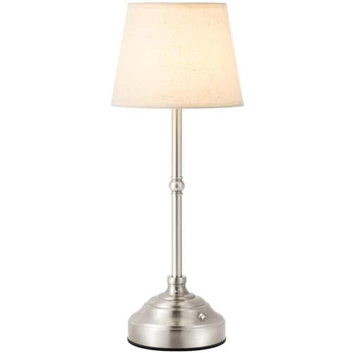 Cordless Table Lamp, Rechargeable Desk Lamp with Fabric Shade, Battery Operated Lamp 3 Color Stepless Dimming, Portable Touch Bedside Lamp Home Decor for Dining, Counter (Brushed Sliver) - color: Brushed Silver, size: 1 Pack