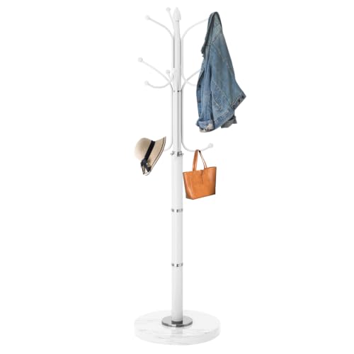 Snaikor Metal Coat Rack Freestanding, Sturdy Coat Rack Stand with Natural Marble Base, White Coat Racks Tree Hats Hanger Holder Stand for Entryway, Hallway(12 Hooks) - color: White-12Hooks