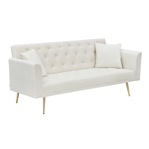 71" Modern Velvet Sofa Bed Futon, Convertible Sleeper Couch, Adj. Backrest | Tufted Recliner Loveseat Design with Golden Chrome Legs & 2 Pillows, Perfect for Small Spaces, Living Room, Apartment - color: Beige