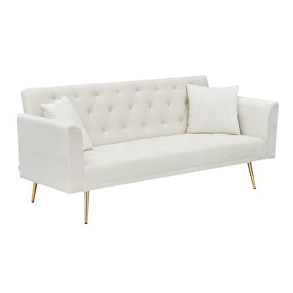 71" Modern Velvet Sofa Bed Futon, Convertible Sleeper Couch, Adj. Backrest | Tufted Recliner Loveseat Design with Golden Chrome Legs & 2 Pillows, Perfect for Small Spaces, Living Room, Apartment - color: Beige