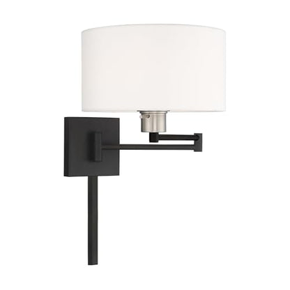 Livex Lighting 40036-04 1-Light Swing Arm Wall Light, Black | Off-White Fabric Shade - color: Black with Brushed Nickel Accent