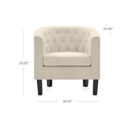 BELLEZE Accent Barrel Arm Chair, Modern Comfy Upholstered Tufted Club Chair with Sturdy Legs and Linen Fabric for Bedroom Living Room - White - color: White, size: 1 x Linen Chair