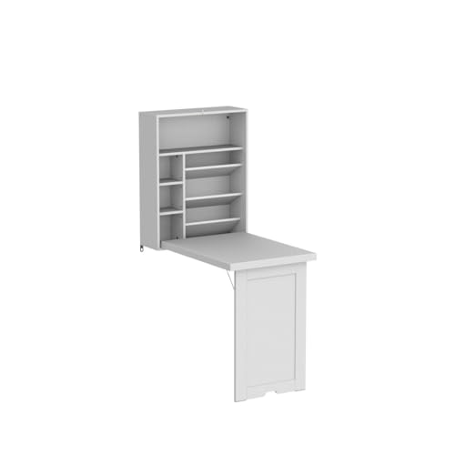 GOFLAME Wall Mounted Folding Desk, 3-Tier Tilt Storage Partition With Adjustable Shelves, Space-Saving Floating Laptop Desk, Convertible Writing Table for Home Office, White - color: White