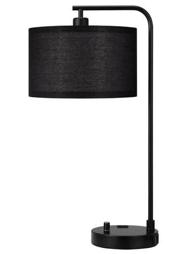 Innqoo Black Table Lamp for Bedroom with USB Port and Outlet, Dimmable Nightstand Bedside Lamps with Linen Lampshade, Desk Lamp for Home Office, Living Room, Guest Room, LED Bulb Included - color: G-Black Shade & Black Base