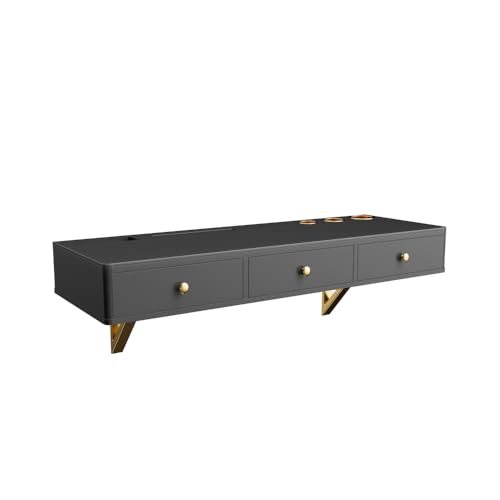 47" Floating Shelf with Drawer, Multi-Purpose Wall-Mounted Vanity Table, Mounted Desk, Floating Table for Bedroom, Bathroom, Hairdressers, Black and Golden (Black + MDF+Glass + 3 Drawers)