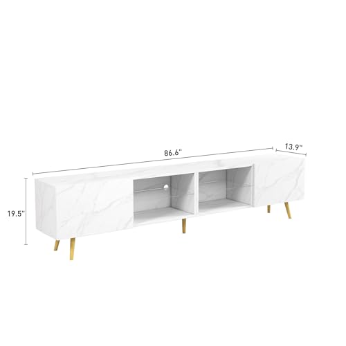 Bonzy Home 86" LED TV Stand, Modern Entertainment Center, White Marble | Long Television Table for TV up to 75" 80" 85", Media Console with Storage Cabinets for Living Room - color: Faux Marble White