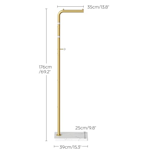 L Shaped Glod Coat Rack, Metal Coat Tree, Modern Clothes Rack with 3 Hooks and Thickened Base, Floor Standing Coat Hanger Stand, for Entryway, Living Room, Cloakroom, Gold and White YM01DWY1