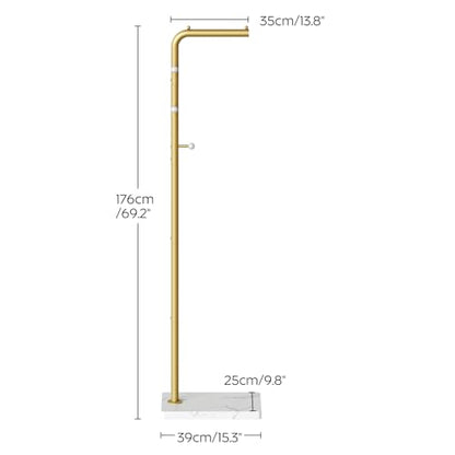 L Shaped Glod Coat Rack, Metal Coat Tree, Modern Clothes Rack with 3 Hooks and Thickened Base, Floor Standing Coat Hanger Stand, for Entryway, Living Room, Cloakroom, Gold and White YM01DWY1