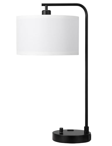 Innqoo White Side Table Lamp with USB Port and Outlet, Dimmable Nightstand Bedside Lamps with Linen Lampshade, Desk Lamp for Bedroom, Living Room, Guest Room, Home Office, LED Bulb Included - color: B-White Shade & Black Base