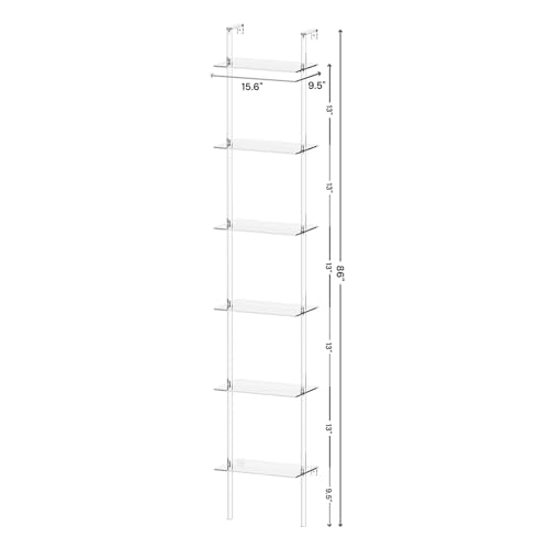 Small Acrylic Ladder Bookshelf, 9.5" D x 15.6" W, 6-Tier Clear Wall Mounted Book Shelf for Small Spaces, Multipurpose Bookcase for Living Room, Bathroom, Office, Modern, 86" H - size: 6-Tier