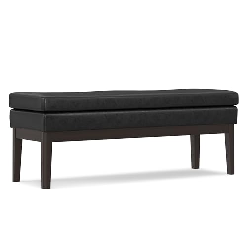 SIMPLIHOME Carlson 45" Wide Vegan Leather Rectangle Ottoman in Black | Distressed black, mid-century modern ottoman bench with a padded seat for bedroom or living room; footstool, footrest. - color: Distressed Black, style: Ottoman Bench