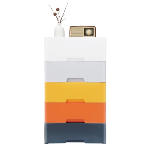 5 Tier Storage Tower with 5 Drawer and 4 Wheels, Storage Organizer Rack, Movable Storage Tall Small Cabinet for Rooms (White, Gray, Yellow, Orange, Blue) - color: White, Gray, Yellow, Orange, Blue