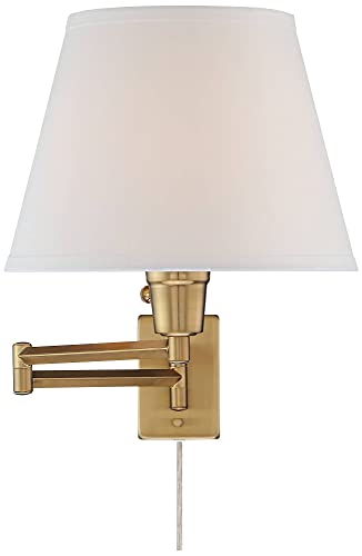 Valentine Warm Gold Swing Arm Plug-In Wall Lamps Set of 2 Light Fixture | Modern White Linen Hardback Shade for Bedroom Bedside House Reading Living Room Home Hallway Dining