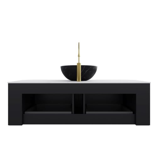 48" Floating Bathroom Vanity with Sink, Wall Mounted Plywood Cabinet, Black Fluted Front, Sintered Stone Countertop, Black Marble-Look Ceramic Bowl Vessel Sink, Soft-Close Drawer, Pre-Assembled - color: Black Cabinet / Black Marble Bowl Sink, size: 48 Inc
