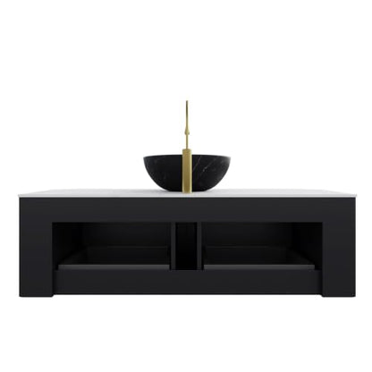 48" Floating Bathroom Vanity with Sink, Wall Mounted Plywood Cabinet, Black Fluted Front, Sintered Stone Countertop, Black Marble-Look Ceramic Bowl Vessel Sink, Soft-Close Drawer, Pre-Assembled - color: Black Cabinet / Black Marble Bowl Sink, size: 48 Inc