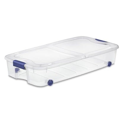 66 Quart Clear Plastic Underbed Storage Bin with Blue Lid