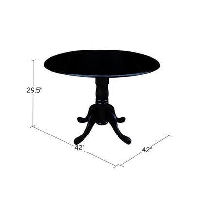 IC International Concepts, 42" Round Dual Drop Leaf Pedestal Dining Table, Solid Wood, Real Parawood, 42" W x 42" D x 29.5" H, Easy Assembly, Black - color: Black