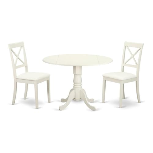 East West Furniture DLBO3-LWH-LC 3 Piece Modern Dining Table Set Contains a Round Wooden Table with Dropleaf and 2 Faux Leather Kitchen Dining Chairs, 42x42 Inch, Linen White - color: Dlbo3-lwh-lc, size: Table + 2 Chairs